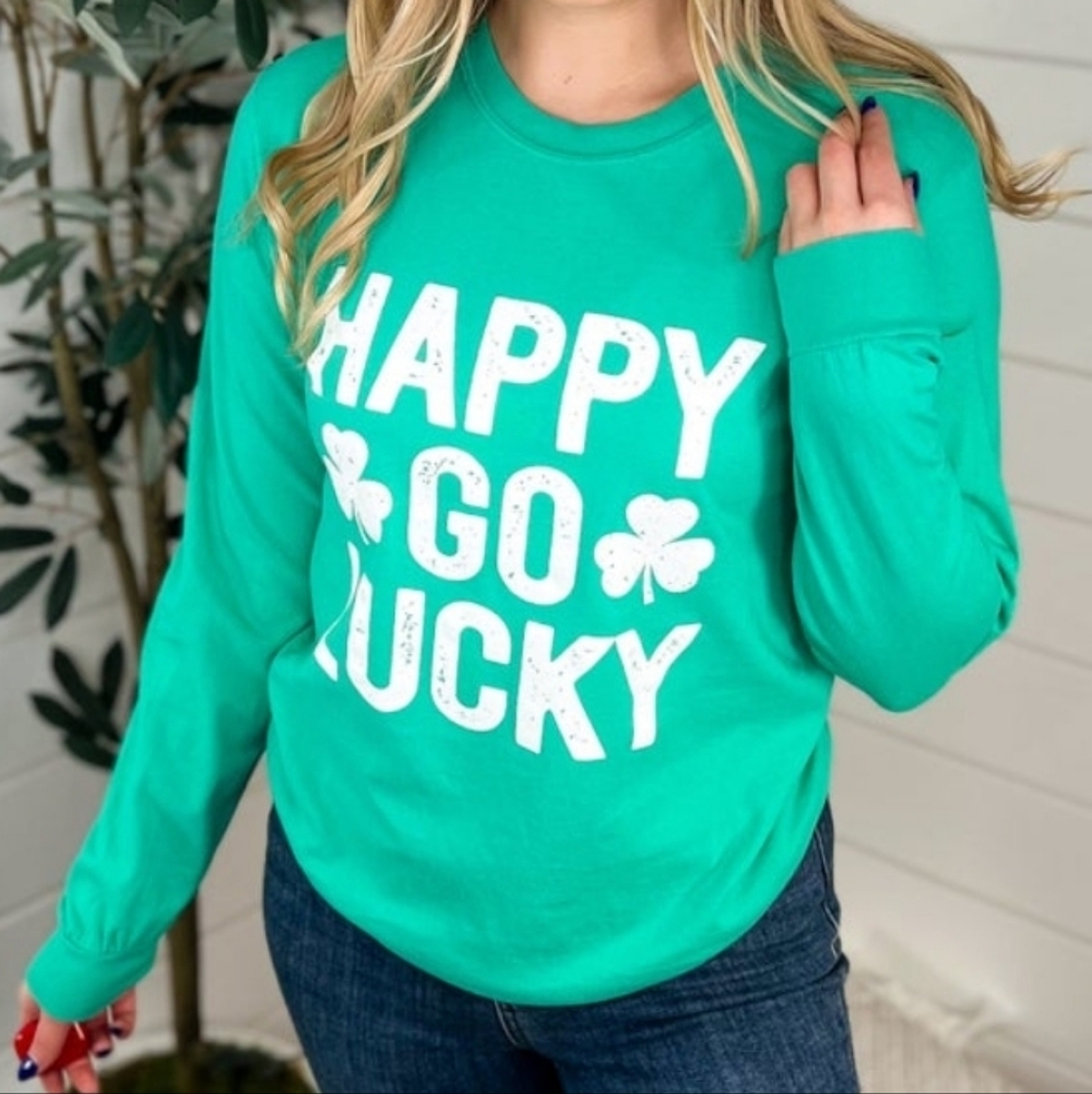 Southern Bliss Green 'Happy Go Lucky' Long Sleeve Tee Shirt
